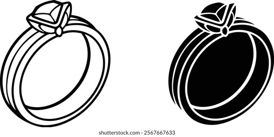 Two illustrations of a diamond engagement ring one is a line drawing, the other is a solid black silhouette. Both depict a doublebanded ring with a prominent gemstone.