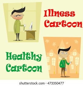 Two illustrations. The first depicts cartoon sick man. Second picture shows recovered or healthy guy going to work. Vector