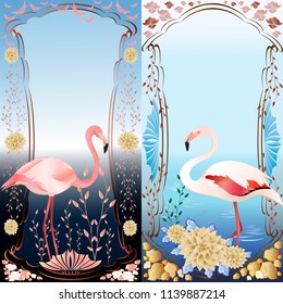 Two illustrations of flamingo with frames and decorative elements