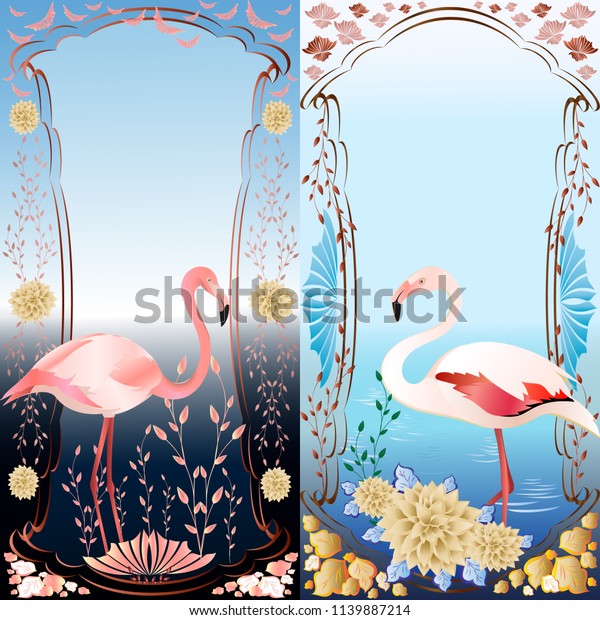 Two illustrations of flamingo with frames and\
decorative elements