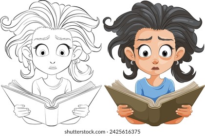 Two illustrations of a girl reading with a shocked expression
