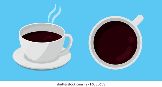 Zwei Illustrationen der heißen Kaffeetasse - Seiten- und Draufsicht zeigt dunklen Kaffee. Ideal für morgens, Frühstück oder Kaffee Shop Themen.