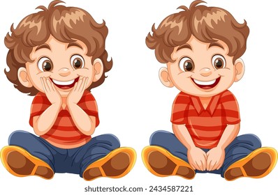 Two illustrations of a joyful cartoon boy sitting.