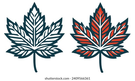 Two illustrations of maple leaves in navy and gradient colors, showing the contrast between summer and autumn.