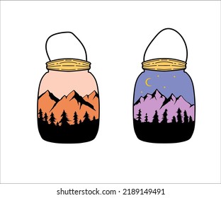 Dos ilustraciones de montaña en una tarima mason de fondo blanco 