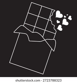 Dos ilustraciones de una barra de chocolate parcialmente sin envolver con un bocado extraído, rodeado de corazones y puntos flotantes, que simbolizan el amor y la dulzura.