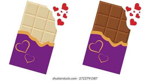 Dos ilustraciones de una barra de chocolate parcialmente sin envolver con un bocado extraído, rodeado de corazones y puntos flotantes, que simbolizan el amor y la dulzura.