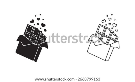 Two illustrations of a partially unwrapped chocolate bar with a bite taken out, surrounded by floating hearts and dots, symbolizing love and sweetness.