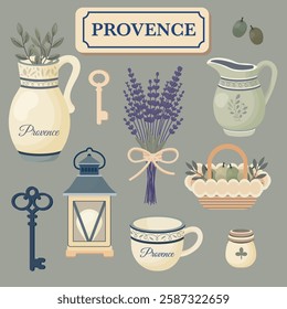 Two illustrations in Provence style featuring elements of rustic French design. The images include jugs, cups, lanterns, keys, lavender, olive branches, fruit baskets, and decorative details with the 