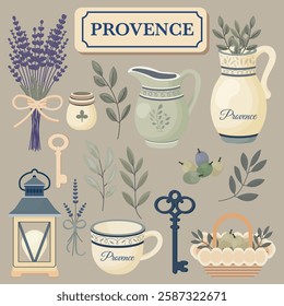 Two illustrations in Provence style featuring elements of rustic French design. The images include jugs, cups, lanterns, keys, lavender, olive branches, fruit baskets, and decorative details with the 