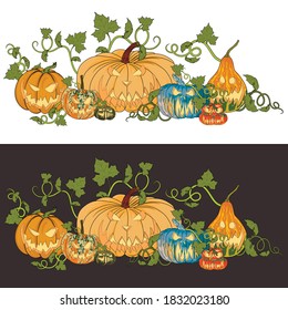 Two illustrations of pumpkins for Halloween on a white and dark background. Funny faces on different varieties of pumpkins.