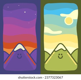 Two illustrations in a really cute and kawaii style. Children illustration about a mountain. Mountain on day and night.