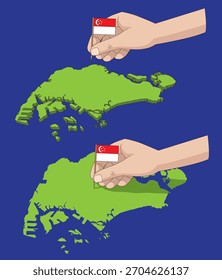 Duas ilustrações mostram uma mão colocando uma minibandeira de Singapura no mapa de Singapura.