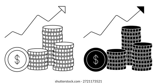 Dos ilustraciones de pilas de monedas con un signo de dólar y un gráfico de tendencia ascendente, uno en contorno y otro en silueta.