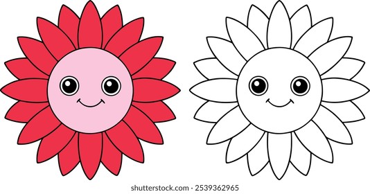Duas ilustrações de uma flor estilizada com um rosto sorridente. Um é colorido em vermelho e rosa, e o outro é em contorno preto.
