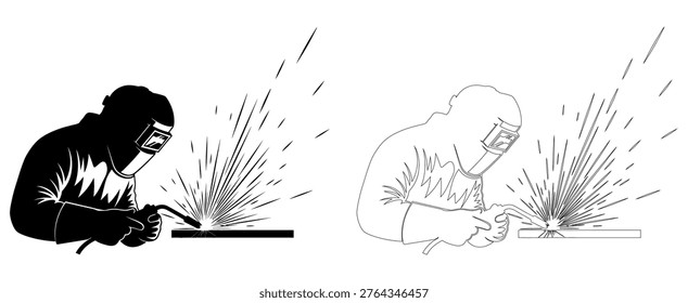 Two illustrations of a welder wearing a protective mask, one in black and one in outline, with sparks flying from the welding torch on a white background
