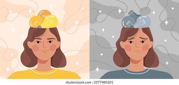 Two illustrations of a woman depicting positive and negative mindsets. Left shows bright ideas with yellow bulbs, right shows dull thoughts with gray bulbs. Vector illustration