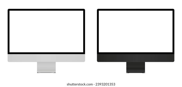 Two imac computer monitor with empty display, set imac device screen mockup, devices silver and black colors, blank screens - stock vector