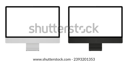 Two imac computer monitor with empty display, set imac device screen mockup, devices silver and black colors, blank screens - stock vector