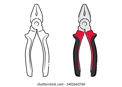 Two image of pliers black and white outline path and colored cartoon style isolated on white background