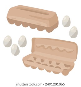 Two images of a cardboard egg carton open and closed. The closed box has a classic design, and the open one has empty cells in which you could put eggs. White chicken eggs all around. Isolated items