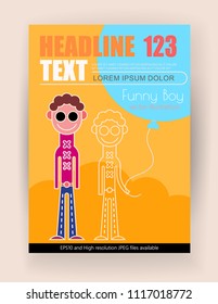 Two images of funny boy on a yellow background. A poster design with a cheerful boy who holds a large ball in his hand. Vector template of magazine front page.