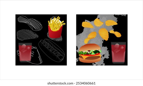 two images, illustration of french fries and soda drink with white and black scribble background, illustration of potato chips, hamburger and soda drink