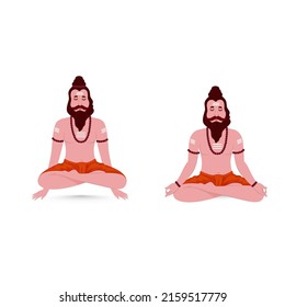 Two Images Of Indian Sage (Sadhu) Meditating Against White Background.
