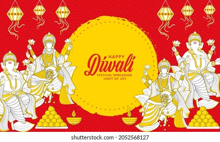 Two Images Of Lord Ganesha And Goddess Lakshmi Statue With Indian Sweet (Laddu) On The Occasion Of Happy Diwali.