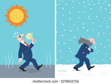 Two images of a man walking on a hot day and fanning himself, and the same man walking with a scarf during a snowfall