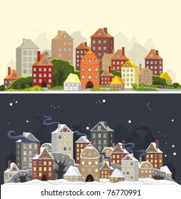 Two images of one city landscape in summer and winter time