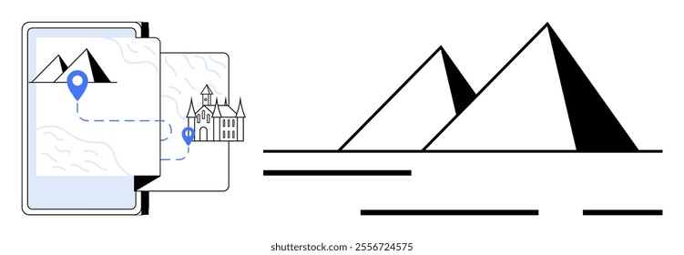 Two images one with a map on a mobile device showing navigation between landmarks marked with a pin and another featuring abstract pyramids. Ideal for tourism travel adventure navigation landmarks