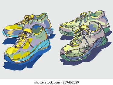 Two images of a pair of shoes in the style of color sketch/Colored New and Old Training Shoes