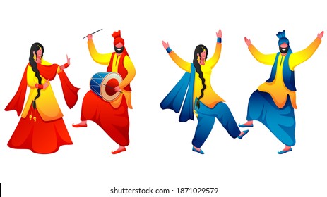 Two Images Of Punjabi Couple Performing Bhangra Dance With Dhol Instrument On White Background