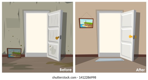 Two images of the room clean and dirty. The room before and after. Vector illustration.