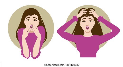 Two images of a scared cartoon young woman, one clutches her head in horror, another closes her mouth with her hands, vector, eps10