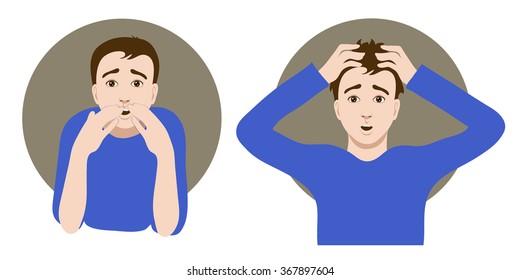 Two images of a scared cartoon young man, one clutches his head in horror, another closes his mouth with his hands, vector image, eps10