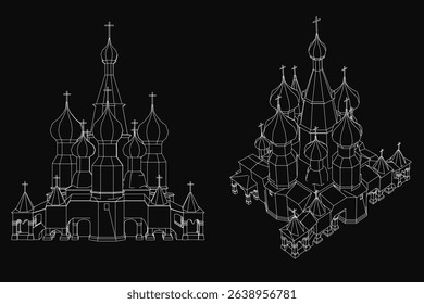 The two images show a building with a lot of detail, including a cross on top. The first image is a black and white drawing of the building, while the second image is a black