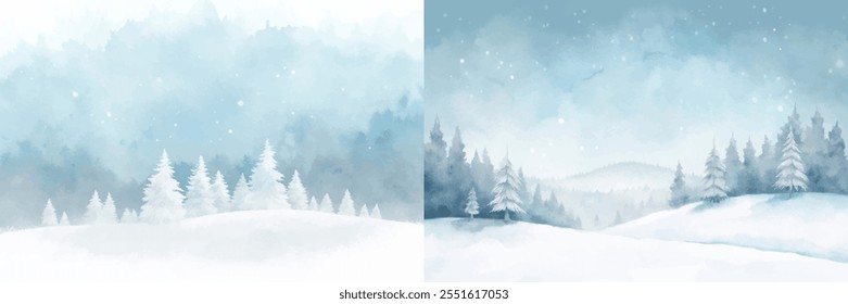 The two images show a snowy landscape with trees and a river. The mood of the images is peaceful and serene, with the snow covering the ground and the trees standing tall