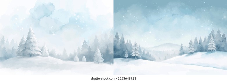 The two images show a snowy landscape with trees and a river. The mood of the images is peaceful and serene, with the snow covering the ground and the trees standing tall