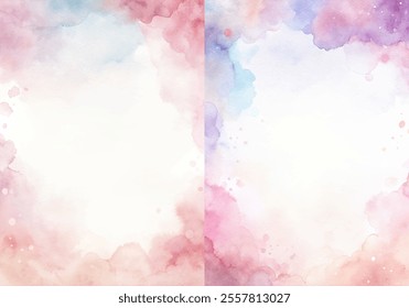 The two images are of a watercolor painting with a pink and blue background. The background is filled with swirls and splatters of paint, giving the impression of a chaotic and free-flowing scene