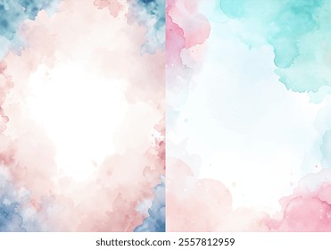 The two images are of watercolor paintings with a blue and pink background. The paintings have a lot of detail and are very colorful. The mood of the paintings is very cheerful and bright