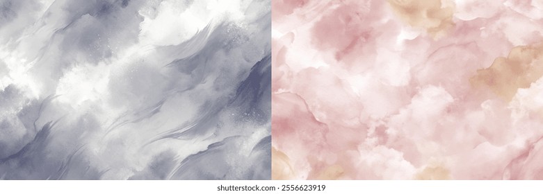 The two images are of watercolor paintings with a gray and white background. The first painting has a more muted color palette, while the second painting has a more vibrant and colorful palette