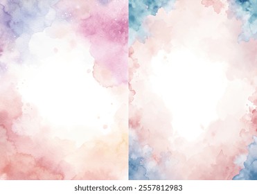 The two images are of watercolor paintings with a pink and blue background. The paintings are abstract and have a dreamy, ethereal quality. The colors are vibrant and the brushstrokes are visible