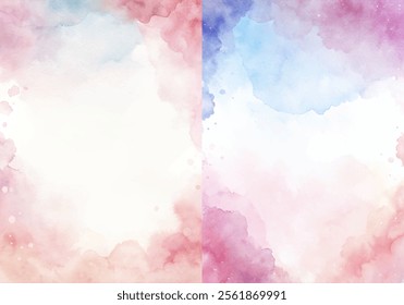 The two images are of watercolor paintings with a pink and blue background. The paintings have a dreamy, ethereal quality to them