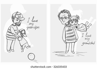 Two images where the grandfather playing with his grandchildren, linear style/Grandfather Playing With Grandchildren