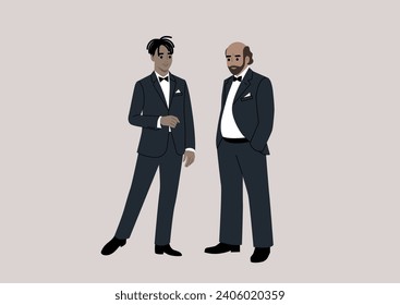 Two impeccably dressed characters engage in conversation at a black-tie event, donning elegant tuxedos