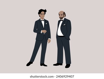 Two impeccably dressed characters engage in conversation at a black-tie event, donning elegant tuxedos