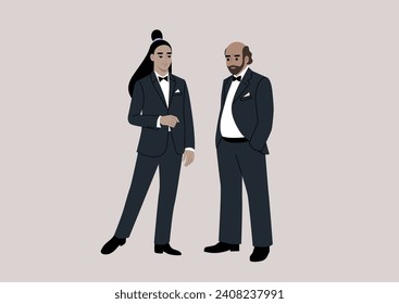 Two impeccably dressed characters engage in conversation at a black-tie event, donning elegant tuxedos