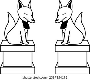 Two Inari statues facing each other. Monochrome line drawing.